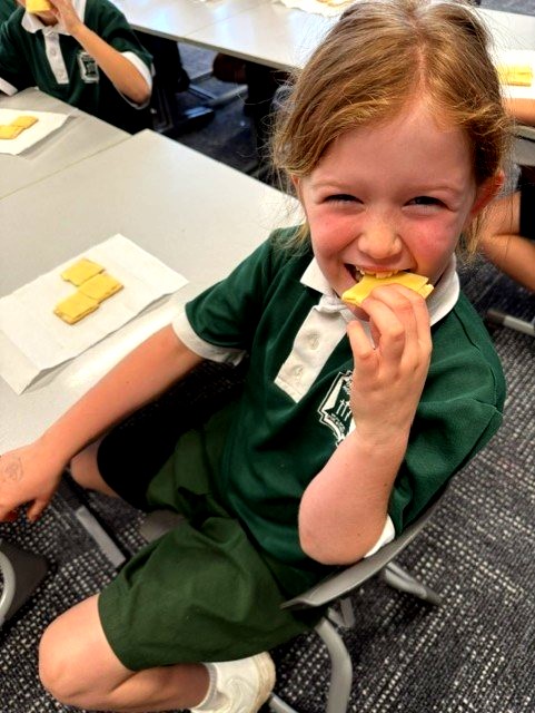 Year 1 student enjoys a fraction activity, using crackers and cheese to investigate equal parts and whole relationships.