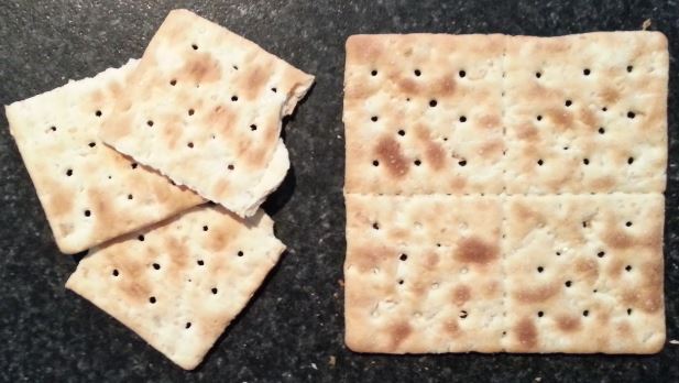 Crackers arranged to demonstrate whole, half and quarter fractions, supporting Year 1 students' understanding of equal partitioning concepts.